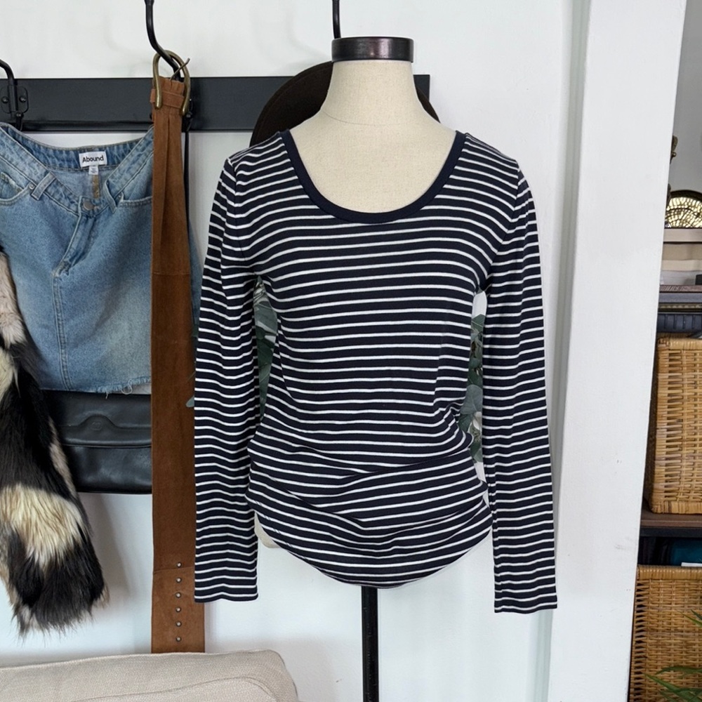 LOFT Navy and White Striped Long Sleeve Tee